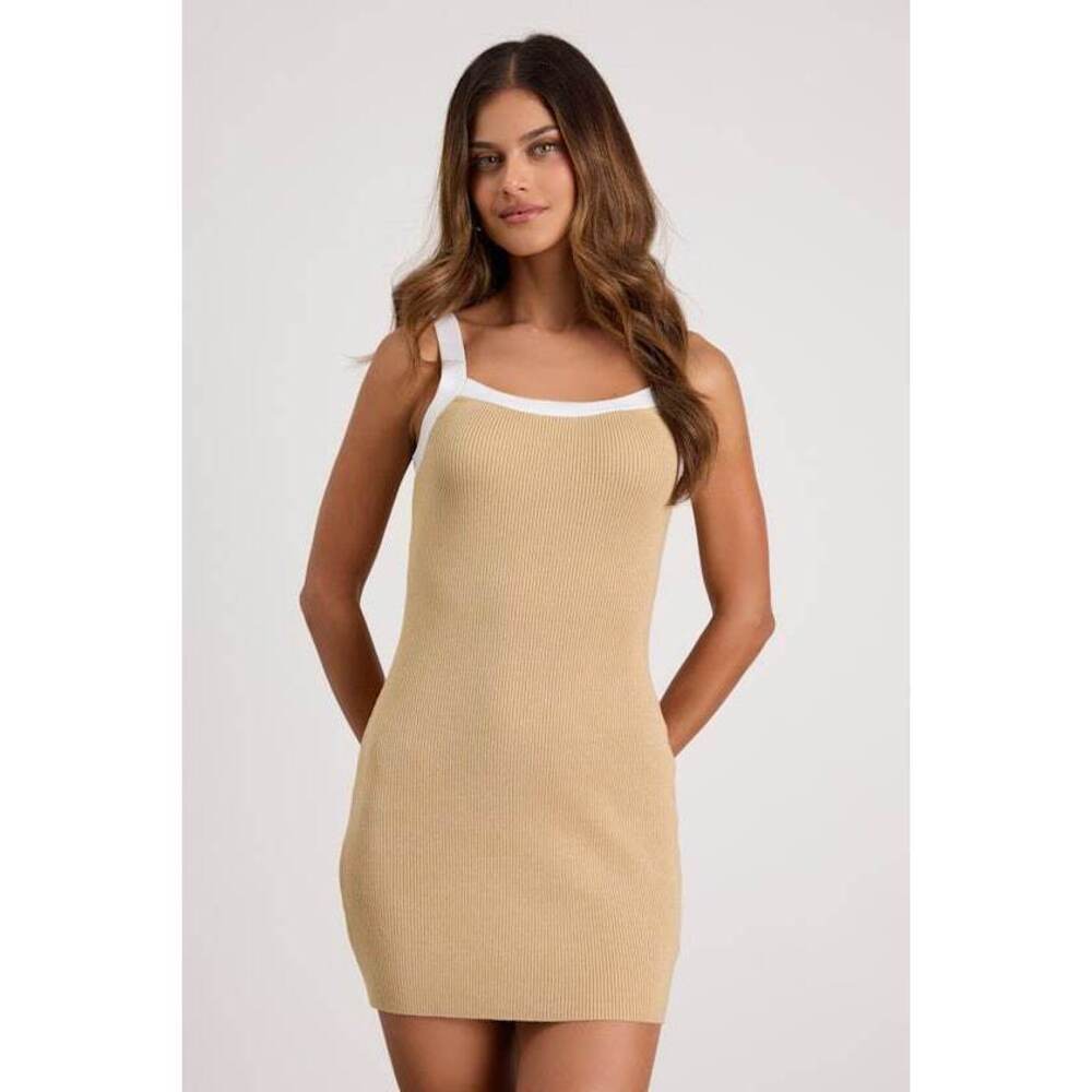Lulus Effortless Influence Tan Ribbed Color Block Mini Sweater Dress Beige